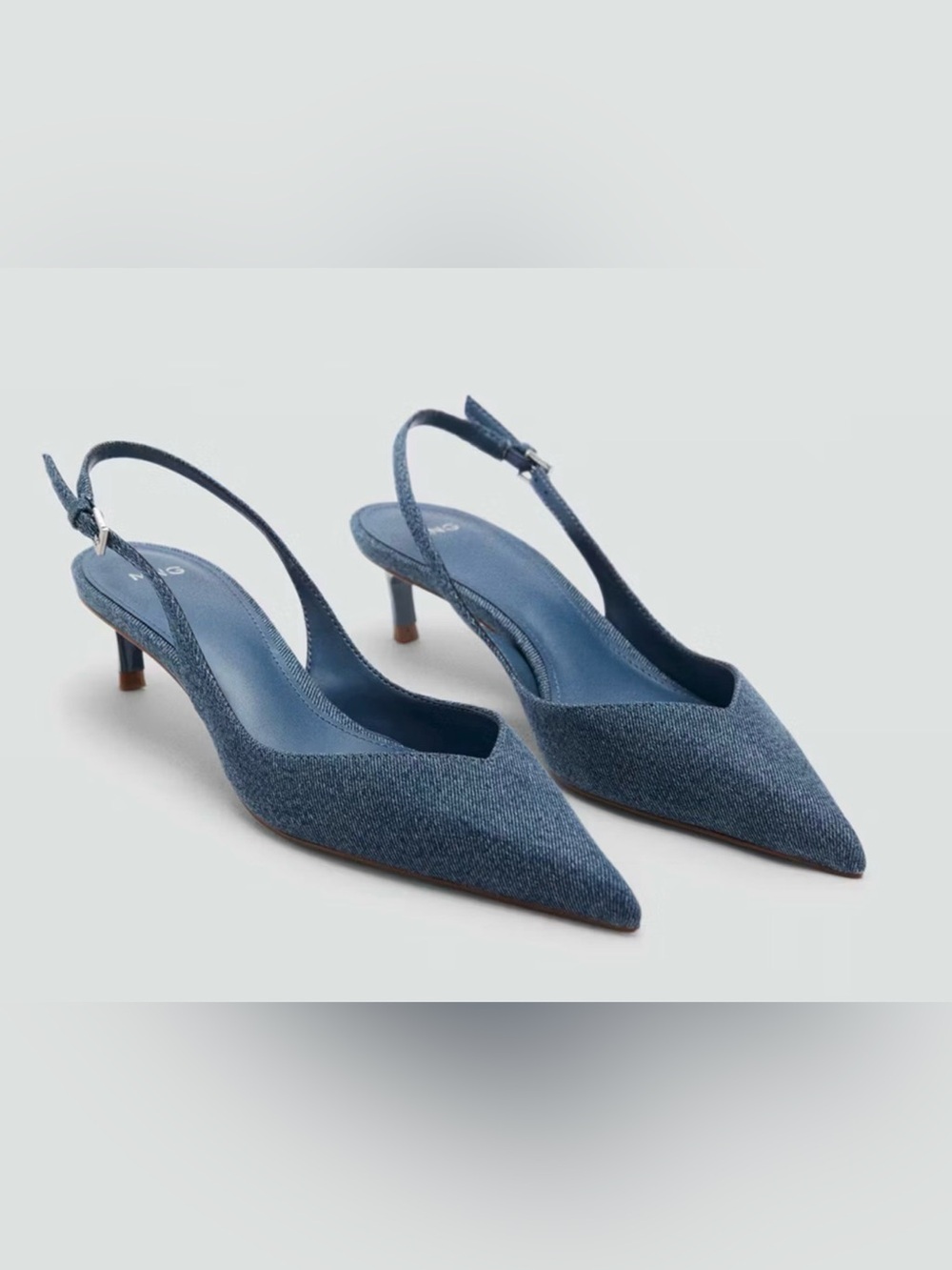 NWT MANGO MNG BLUE DENIM HIGH HEELED KITTEN HEELS SLINGBACK SHOES SZ 39 8.5
